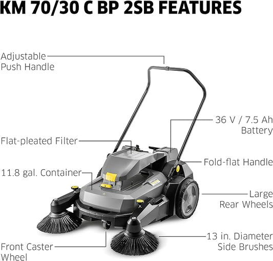 Kärcher Pro Walk Behind Outdoor Push Sweeper, KM 70/30 C Bp 2SB, Battery Powered, Suction System, Dust Filter - 38" Working Width, 11.9 Gallon - for Commercial Use in Warehouses, Workshops, and More
