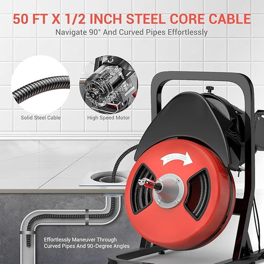 50FTx1/2 Inch Drain Cleaner Machine with Wheels, Sewer Snake Drain for 2" to 4" Pipes, Plumbing Snake Auger Cleaner with 6 Cutter & Foot Switch for Sewer, Sink, Toilet, Bathroom