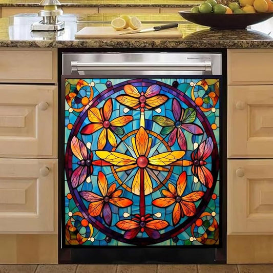 Colorful Dragonflies Magnet Dishwasher Cover Dishwasher Magnetic Panel Decal, Stained Glass Window Fridge Magnetic Skins Cover, Vinyl Home Appliance Decal 23" x 26" Magnetic
