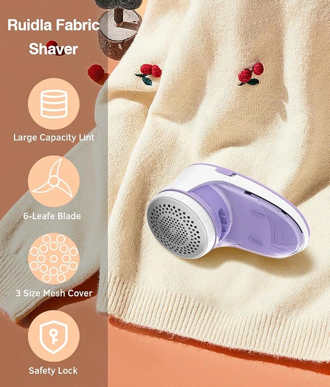 Ruidla Fabric Shaver Lint Remover,Sweater Shaver with Replaceable Stainless | Steel 6-Leaf Blades, Fabric Defuzzer for Clothes Fuzz, Lint Balls - Battery Operated(Purple) - Image 7