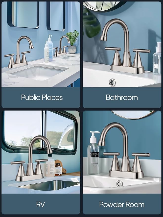 Cobbe 4 inch Brushed Nickel Bathroom Faucets with Pop up Drain and Two Supply Hoses, Lead-Free Stainless Steel 2 Handle Centerset Faucet for Vanity, RV