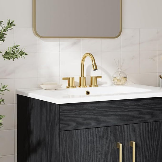 Phiestina Pull Down Sprayer Brushed Gold 8 Inch Bathroom Sink Faucet, 2 Handles 3 Hole Widespread Pull Out Bathroom Faucet,with Pop Up Drain and Water Supply Line,BF04022-K01-BG