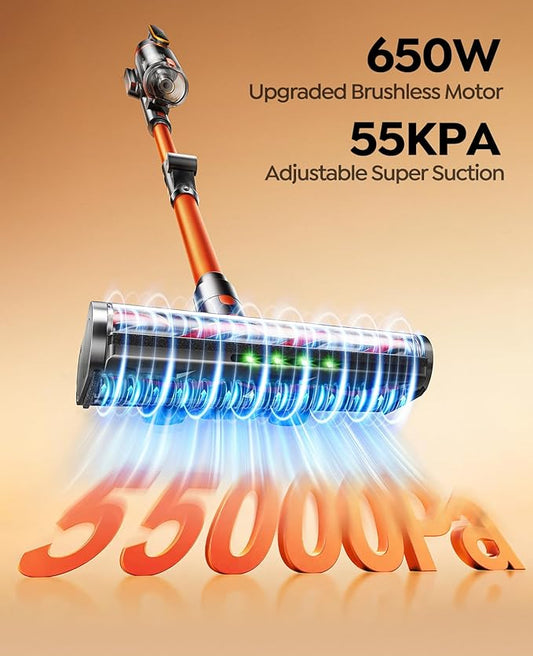 Cordless Vacuum Cleaner, 650W/55Kpa/70Mins Stick Vacuum Cleaners for Home with 180° Foldable Wand &3.3Ft Hose, Touch Screen AUTO-Mode, Wall Mount Charging, Fragrance, Vacuum for Floor/Carpet/Pet Hair