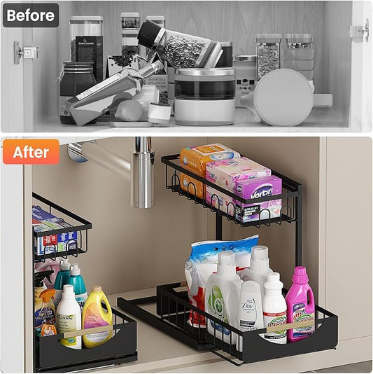 Under Sink Organizer and Storage for Bathroom and Kitchen - 2 Pack 2 Tier Under Cabinet Pull Out Shelf Organizers - Sliding Out Drawer Organization for Home Cabinets Shelves and Drawers