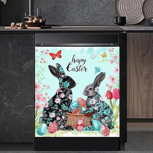 Happy Easter Kitchen Decor Dishwasher Magnet Cover Decal, Bunny Rabbits with Floral Magnetic Dish Washer Panel Door Vinyl Sticker, Refrigerator Magnets,Easy to Clean, 23 x 26 inch