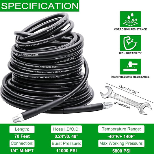 70FT Sewer Jetter Kit for Pressure Washer, 5800PSI Drain Cleaner Hose 1/4 Inch NPT, Corner, Rotating and Button Nose Sewer Jetting Nozzle Waterproof Tape Pearl Corsage Pin with 2Pcs Spanner