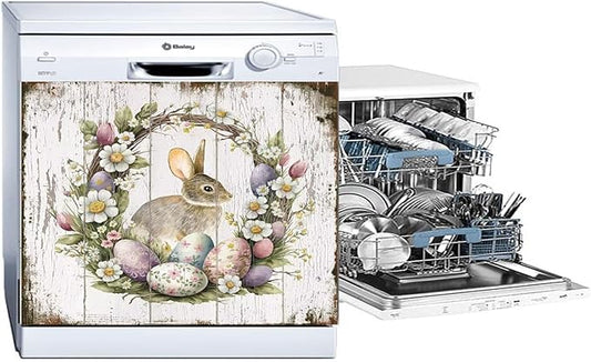 Easter Bunny Dishwasher Full Door Magnetic Sticker Home Appliances, Easter Eggs Refrigerator Magnet Skin Cover, Spring Wreath Magnetic Dishwasher Panel Cover - (23" x 17" Magnetic)