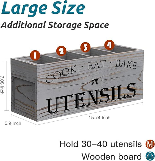 Suli Extra Large Kitchen Utensils Holder with 4 Compartments, Wooden Utensil Organizer for Kitchen Countertop, Farmhouse Decor, Rustic Cooking Utensil - Grey grain