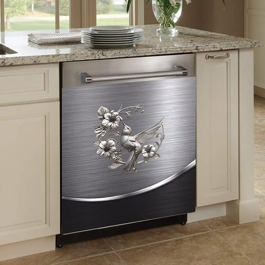 Grey Metal Silver Pattern Magnetic Dishwasher Cover Sheet Bird Flower Sticker Polishing Steelbird Dishwasher Skin Decor Silver Texture 23X26 INCH Magnet Rerigerator Kitchen Panel Decal