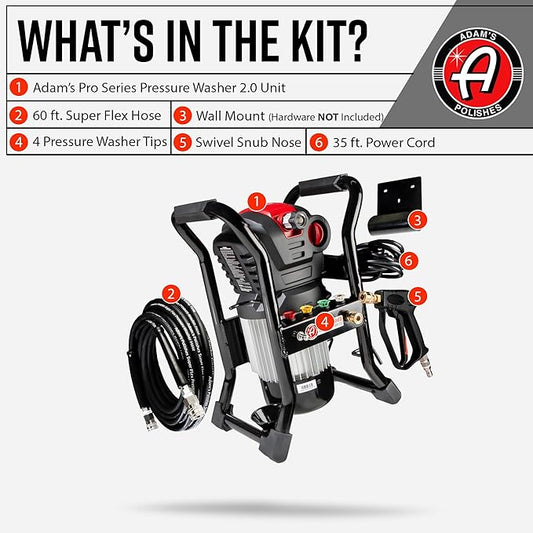 Adam's Pro Series Electric Pressure Washer 2.0 - Professional Powerful Detailing Car Washing Pressure Sprayer That Includes Snub Nose, Wall Mount & Pressure Washer Tips | 1200 PSI & 1.76 Operating GPM