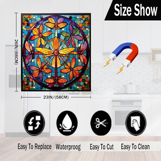 Colorful Dragonflies Dishwasher Cover Dishwasher Panel Decal, Stained Glass Window Fridge Skins Cover, Vinyl Home Appliance Decal 23" x 26" Ordinary