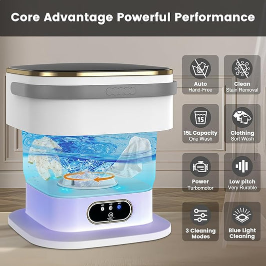Portable Washing Machine, 15L Mini Washing Machine with Spin Basket & 3 Cleaning Modes for Small Clothes,Foldable Mini Washer for Apartments, Dorms, Camping (Gray)