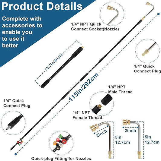 Upgraded Pressure Washer Extension Wand,Up to 115in,4000 PSI Gutter Cleaner Attachment with 6 Tips,1/4"Quick Connect, Leak-Resistant Ring