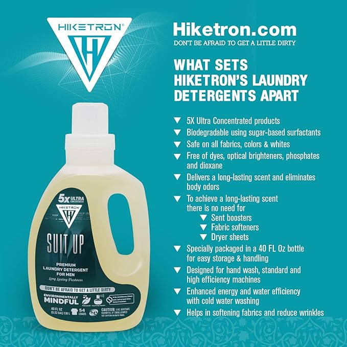 Hiketron Suit Up Liquid Laundry Detergent, 5x Ultra Concentrated, Tough Stains Remover, Long Lasting Masculine Scent (40 Fl Oz, Pack of 1)