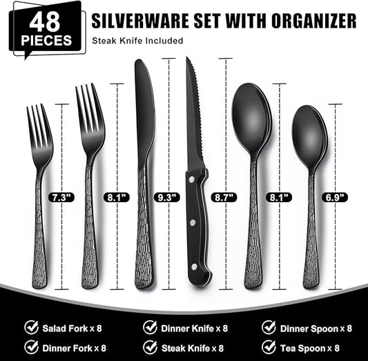 49-Piece Black Silverware Set with Organizer, Food-Grade Stainless Steel Black Flatware for 8, Cutlery Utensil Sets with Steak Knives, Rust-proof, Mirror Polished, Dishwasher Safe, Tree Pattern