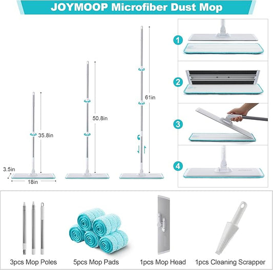 JOYMOOP 18 Inch Dust Mop for Hardwood Floors, Heavy Duty Industrial Wet Dry Mops with Telescopic Handle, Includes 5 Microfiber Mop Pads