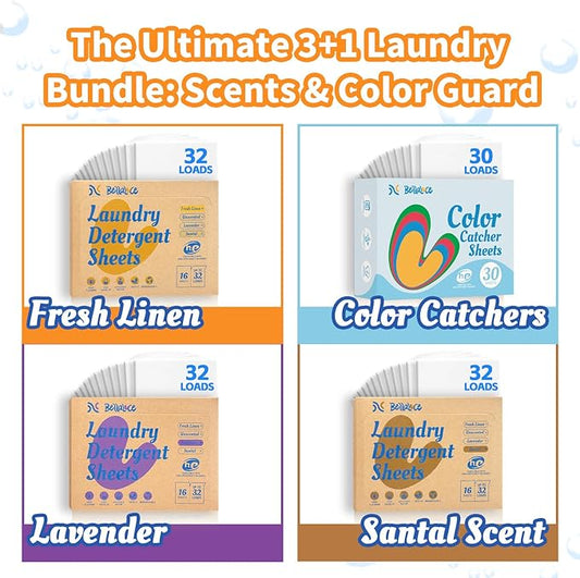 BellaLuce Laundry Detergent Sheets with 30 Color Catchers, 96 Loads Linen Lavender Sandalwood, Eco Friendly, Plastic-Free, Hypoallergenic, Prevent Color Bleeding, Laundry Care Essentials