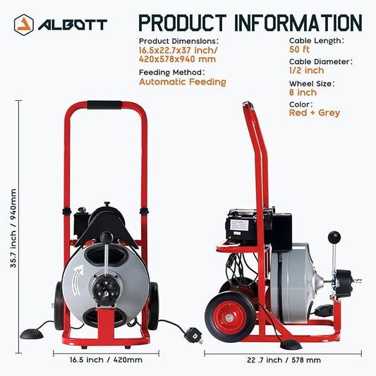 Albott 50 FT x 1/2 inch Electric Drain Cleaner Machine with Auto-Feed & 10 Cutters, Sewer Snake Auger for 1–4 Inch Pipes, Foot Switch & Wheels, Ideal for Home & Commercial Use, Gray/Red
