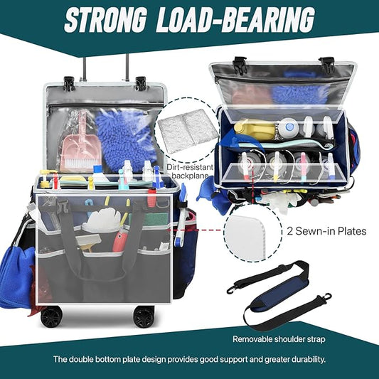 Large Rolling Cleaning Caddy Bag with Detachable Trolley, Full Support Plates for Professional Cleaning Supplies Bag, Organizer Bag with 4 Universal Wheels for Housekeepers, Car Wash (Blue)
