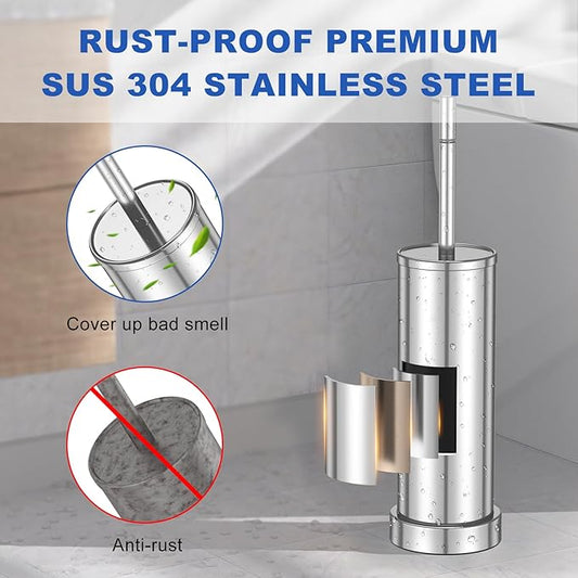 304 Stainless Steel Toilet Brush and Holder Set, Heavy Duty Toilet Bowl Brush and Holder with Removable Inner Bowl, Splash Protection, Long Handle for Bathroom