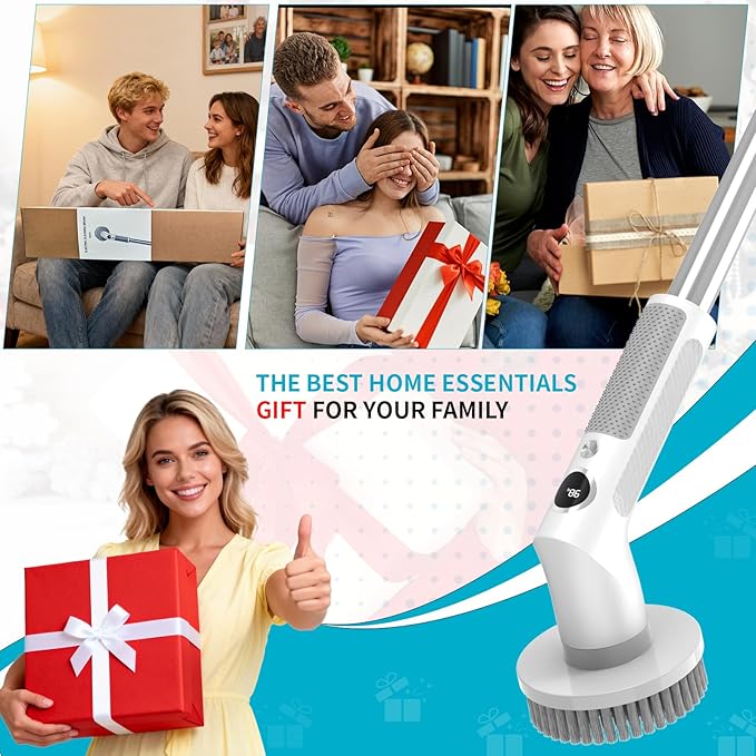 Electric Spin Scrubber, Cordless 20W High-Torque IPX7 Waterproof Cleaning Brush with LED Battery Display, 2-Speed &6 Replaceable Heads & Extendable Long Handle