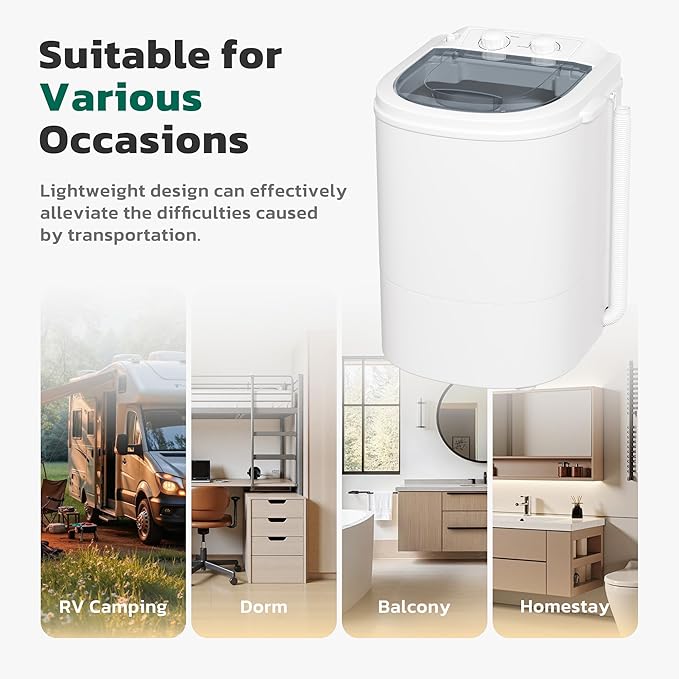 Greenvelly Portable Washing Machine, Single Tub Small Laundry Washer with Spin Basket, 6.6lbs Portable Washer Dryer Combo for Apartments,Dorms (White Grey)
