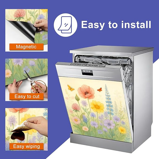 Dishwasher Magnet Cover 23x26 in Colorful Floral Magnetic Dishwasher Cover for Kitchen Appliance Decoration Front Panel Sticker Rustic Art Skin Panel Home Decor Decal
