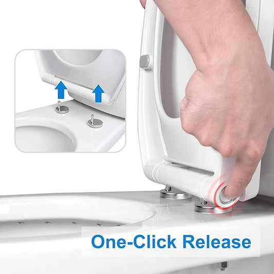 Hibbent Premium Round Toilet Seat with Cover Quiet Close, One-Click to Quick Release, Easy Installation Non-Slip Seat Bumpers, Slow Close Toilet Seat and Cover, Easy Cleaning-White Color