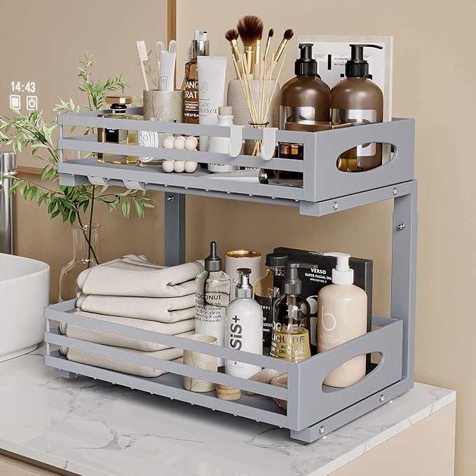 Under Sink Organizer, 2 Tier Under Sink Organizers and Storage, Adjustable Height, Slide out Metal Cabinet Organizers, Pull out Cabinet Storage Drawer Shelf for Kitchen Bathroom Gray 1Pack
