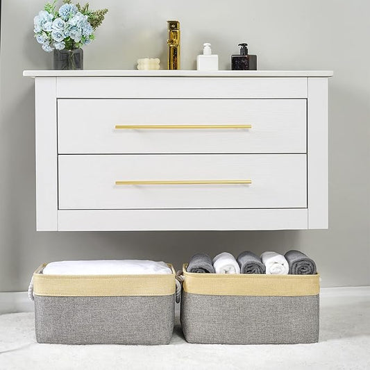 TheWarmHome Storage Basket for Organizing - 3 Pack 14x10x7 inch Large Collapsible Storage Bin for Shelves, Fabric Storage Cubes for Organizer ClosetCloth Gift Toy (Grey & Gold)