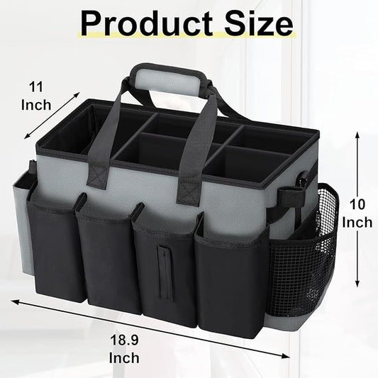 Wearable Large Cleaning Caddy Bag for Housekeeper, Clean Supply Organizer with Adjustable Shoulder, Waist & Handle Straps, Detailing Bag for Kitchen Supplies (Black&Gray)