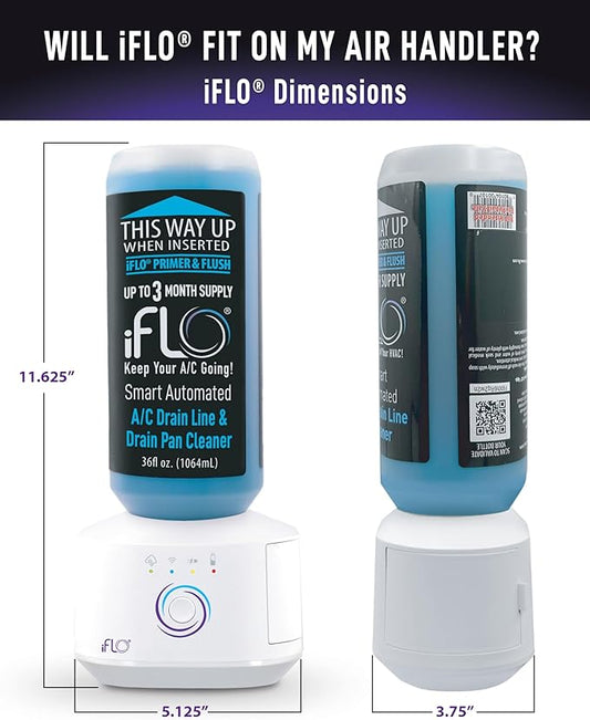 iFLO® Smart A/C Drain Line and Drain Pan Cleaner for HVAC System, Clog-Free, Easy Installation & App-Controlled Air Conditioner Maintenance, Includes 36oz Cleaner Cartridge Concentrate, 6 Month Supply