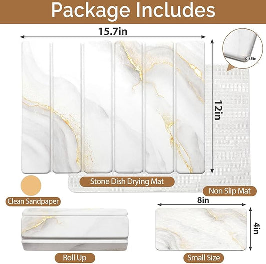 Small Stone Dish Drying Mat for Kitchen Counter, 15.7"×12" & 8"x4" Quick Dry Stone Mats, Foldable Water Absorbing Diatomaceous Earth Drying Dish Pad for Countertop Bottles Utensils Cup(Gold White)