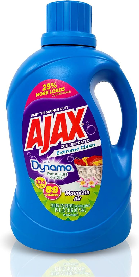 Ajax + Dynamo Mountain Air Laundry Detergent Liquid – Totally Awesome Cleaner with Deep Clean Power, Stain & Odor Remover, HE Compatible, 134oz (Pack of 4), 356 Loads, Fresh Scent