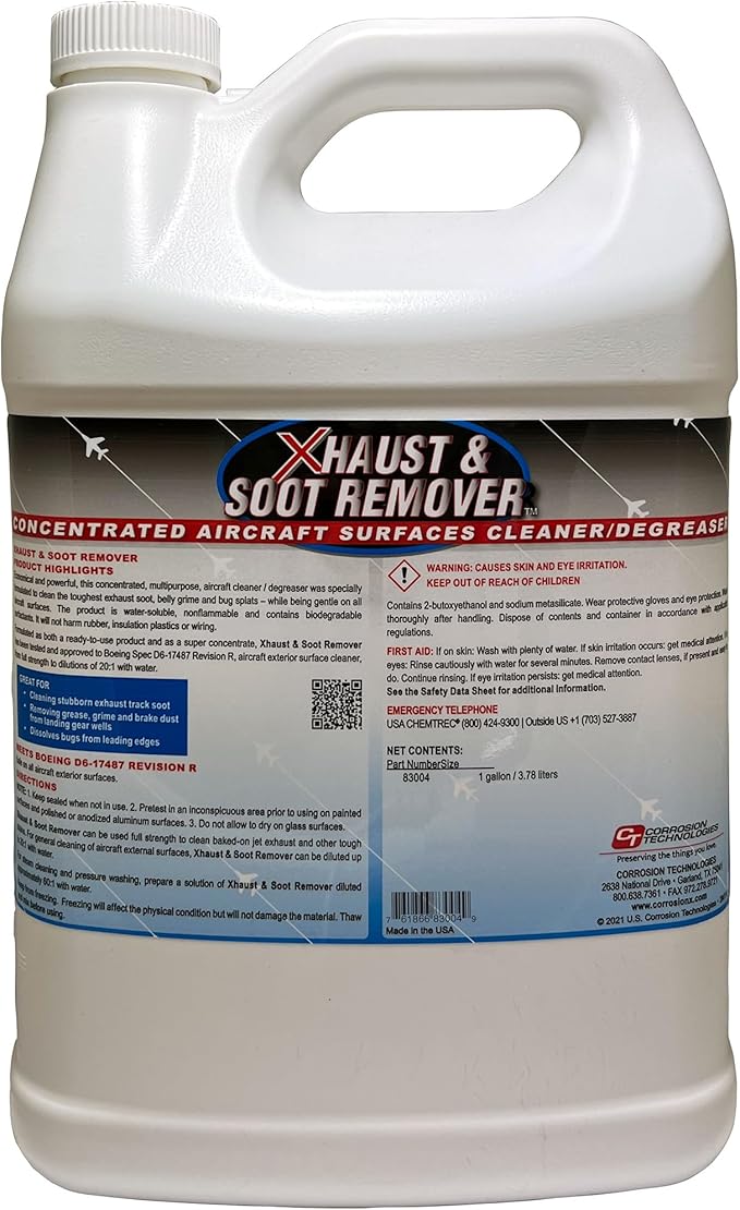 Corrosion Technologies Xhaust & Soot Remover, Superconcentrated Cleaner Degreaser For Exhaust Soot, Belly Grime, Brake Dust & Bug Splats, Multi Purpose Aircraft & Fleet Cleaning Solution, 1 Gallon