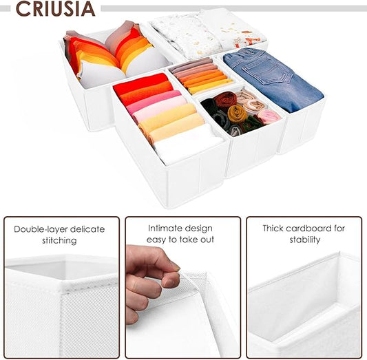 Criusia 6 Pack Clothes Drawer Organizer, Fabric Foldable Closet Dresser Drawer Organizer for Clothing, Bra Sock Underwear Drawer Organizer for Nursery Dorm Bedroom Organization (6 Bins, White)
