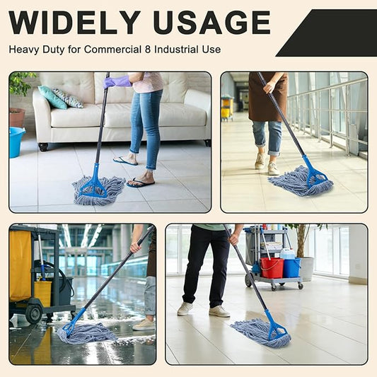 Commercial Industrial Mop with 3 Extra Large Reusable Replacement Head,59" Long Handle Heavy Duty Wet Mops,Looped-End String Cotton Mop for Floor Cleaning,House,Kitchen,Office,Garage,Tile(Blue)