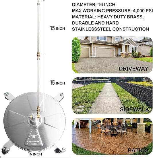 Hourleey 16" Pressure Washer Surface Cleaner, Stainless Steel Surface Cleaner with 4 Wheels for Concrete, Patio, Sidewalk, Deck, Pathway 1/4" Quick Connector, 2 Extension Wand, 4000 PSI