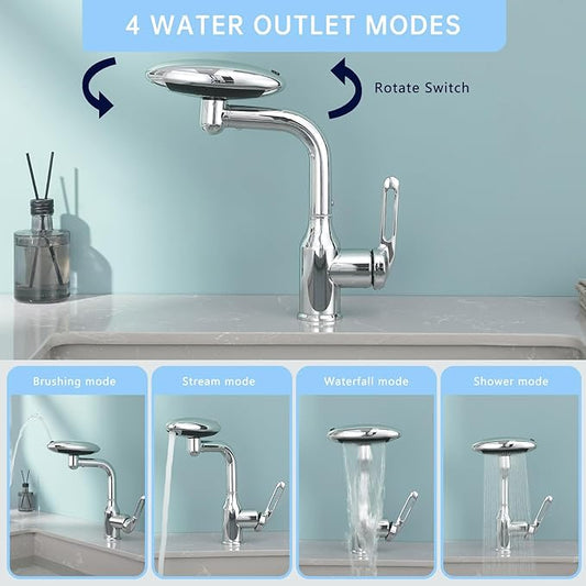 Bathroom Sink Faucet 1 Hole, Chrome Multifunctional Basin Faucet with 4 Water Outlet Modes, Modern 360°Rotatable Bar Tap with Two Water Supply Pipes