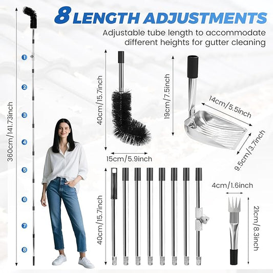 11.8FT Gutter Cleaning Tools from the Ground, Adjustable Length Gutter Cleaning Pole with Gutter Scoop, Gutter Brush, Gutter Rake, Efficient Gutter Cleaner for Leaves, Twigs & Debris