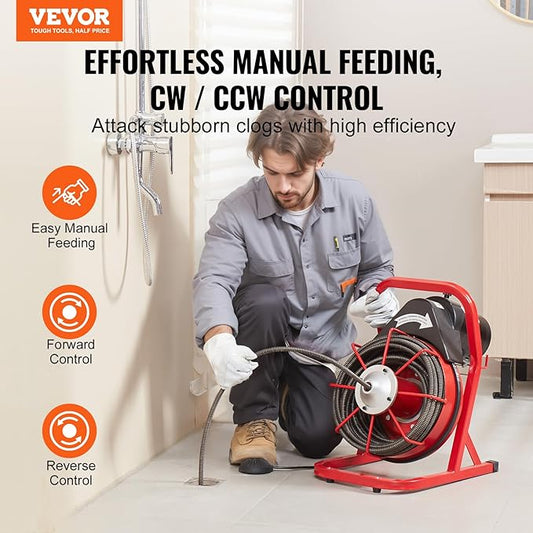 VEVOR Drain Cleaner Machine 75FT x 1/2 Inch, Sewer Snake Auger Manual Feed, 370W Electric Drain Cleaning Machine with 4 Cutters & Air-activated Foot Switch for 2" to 4" Pipes