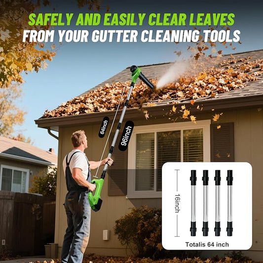 Roof Gutter Cleaning from The Ground, 40V Leaf Blowers Cordless with 2 Battery, Adjustable Pole (98inch)3 Speed Modes 500CFM/180MPH for Gutter Cleaner Extension Attachment Kit for Garden,House