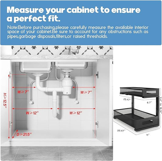 2 Pack 20.47IN Depth Under Sink Storage Organizer, Large 2-Tier Elegant Mesh Pull Out Shelf for Kitchen and Bathroom Cabinet Organization, L-Shaped and Adjustable Height Design-Black