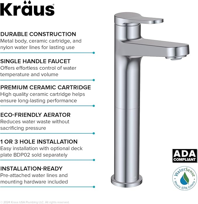 KRAUS Indy Bathroom Faucet for Vessel Sink in Chrome with Single Handle, Pop Up Drain and Supply Lines, KVF-1410CH