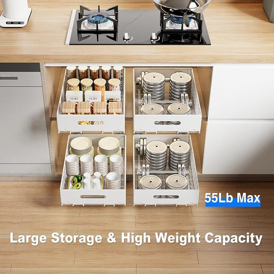 2 Pack Pull Out Cabinet Organizer, Slide Out Cabinet Drawers Peel and Stick Pull Out Drawers Heavy Duty Pull Out Shelf for Kitchen, Cupboard, Pantry, Bathroom (16.5" D*11.8" W*3.94" H-White)