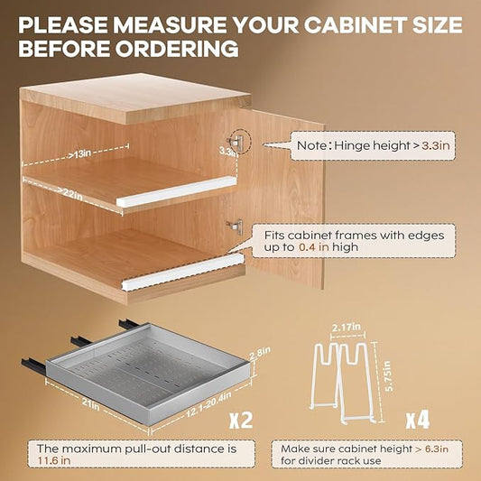 2 Pack Pull out Cabinet Organizer 21"Deep With Raising Pad for Framed Cabinets, Expandable Slide out Drawers for Kitchen Cabinets with 4pcs Divider Racks,Roll out Shelves 12.1"-20.4" W Silver
