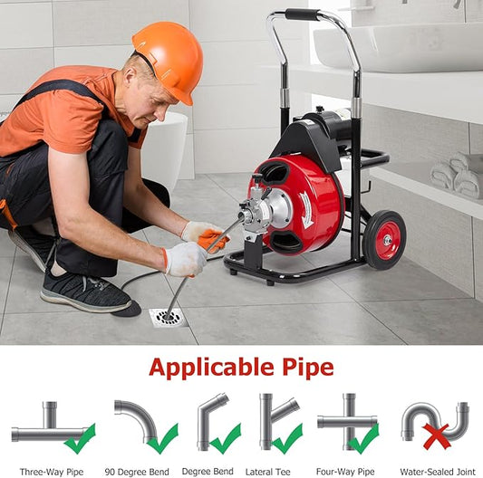Garvee K-300ZF 3/8 in 75 ft 1 red&black Electric Drain Cleaner Machine - Automatic Auger for 1 to 4 in Pipes, Portable Design, 4 Cutters, Foot Switch Control, and Includes Gloves.