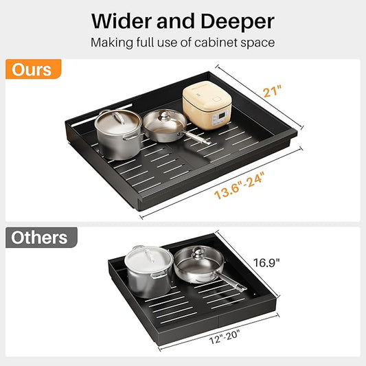 Pull out Cabinet Organizer, 1-Pack Expandable(13.6"-24") Silde out Drawers with Raising Pad for Framed Cabinets, Adjustable Full-Extension Adhesive Roll out Shelves for Kitchen Pantry Home Pot and Pan
