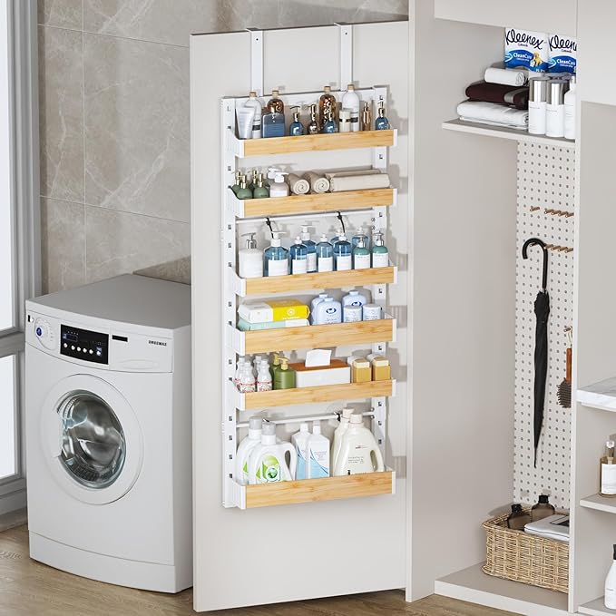 6-Tier Over The Door Pantry Organizer, Heavy-Duty Metal Wall Mount or Hanging Spice Rack, behind the door storage Shelves with Adjustable Basket, Back of Door Organizer for Kitchen Cabinet and Closet