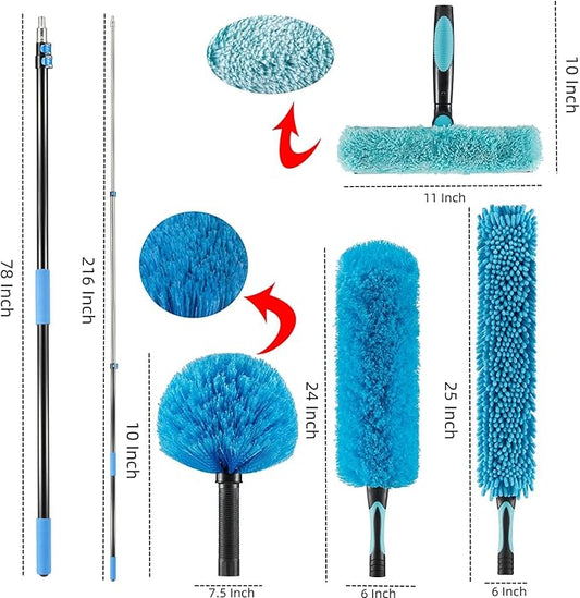 25 Foot High Ceiling Fan Duster with 6-18ft Extension Pole, Extendable Reusable Cobweb, Feather, Window Cleaning Squeegee Kit